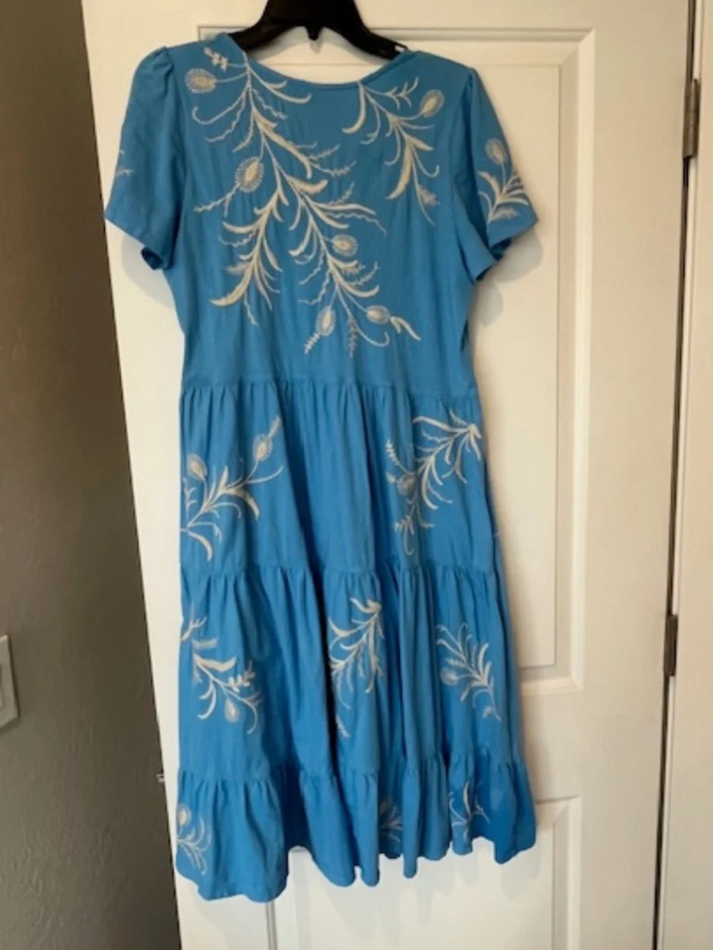Johnny Was Blue Cotton Knit Embroidered Tiered Midi Dress SzM Boho Resort Beach - Picture 3 of 10